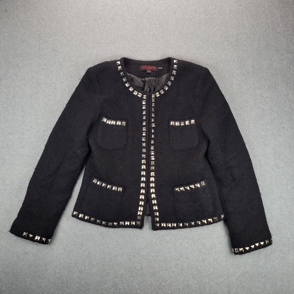 Raw 7 Vintage‎ Wool Sweater Cardigan Womens M Black Retro Y2K Distressed Stud